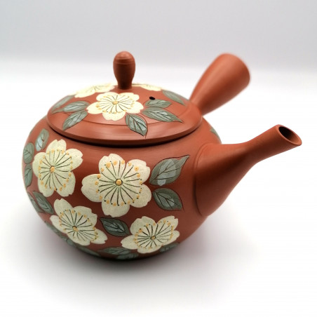 Théière japonaise tokoname kyusu, TAMAKOSAKU AKA SAKURA, rouge et fleurs de cerisier