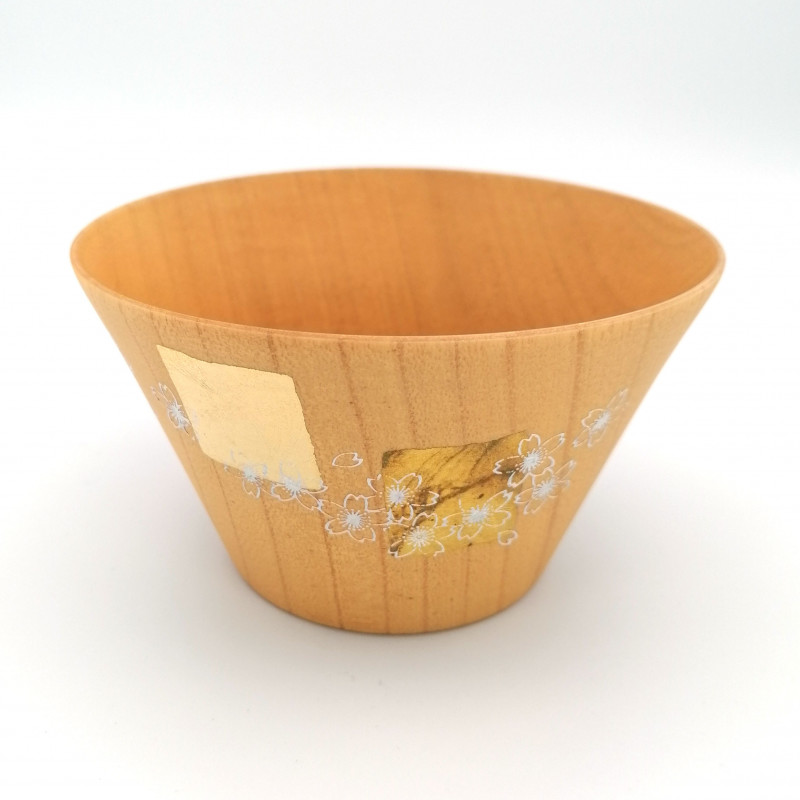 Japanese rice bowl in cedar wood with cherry blossom motif lacquered in gold and silver, MAKIE SAKURA