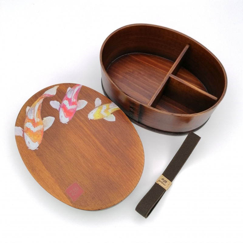 Fiambrera bento japonesa ovalada en madera de cedro con estampado de peces, NISHIKI