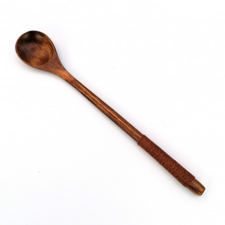 Longue petite cuillère en bois foncé et cordelette marron, MOKUSEI SUPUN