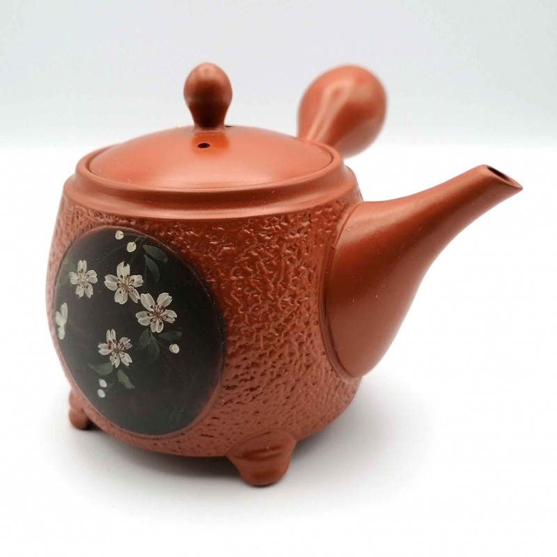 Théière japonaise tokoname kyusu sur pieds, SAKURA, rouge et noir