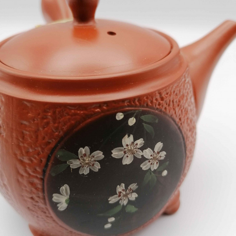 Tetera japonesa tokoname kyusu con patas, SAKURA, roja y negra