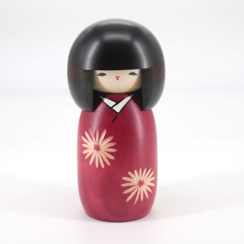 Japanese purple kokeshi doll with wild chrysanthemums pattern, NOGIKU