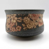 Japanese ceramic tea bowl, KURO FURURU, black and flowers