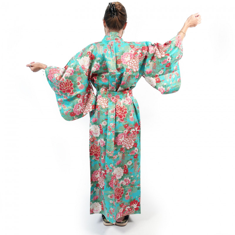 Japanischer traditioneller türkisfarbener Yukata-Kimono aus Baumwoll-Temari-Kugeln und Pfingstrosen für Frauen