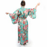 Japanischer traditioneller türkisfarbener Yukata-Kimono aus Baumwoll-Temari-Kugeln und Pfingstrosen für Frauen