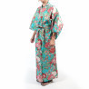 Kimono yukata traditionnel japonais turquoise en coton balles temari et pivoines pour femme