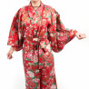 Kimono yukata de algodón rojo tradicional japonés con bolas de temari y peonías para mujer