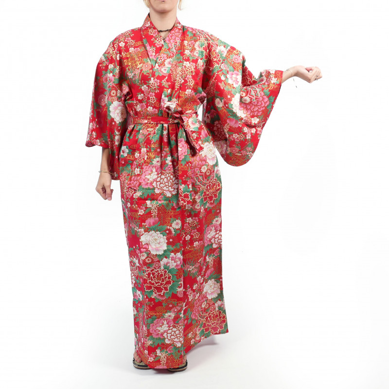 Kimono yukata de algodón rojo tradicional japonés con bolas de temari y peonías para mujer