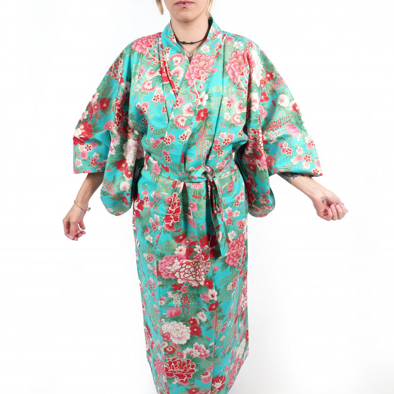 Kimono yukata traditionnel japonais turquoise en coton balles temari et pivoines pour femme