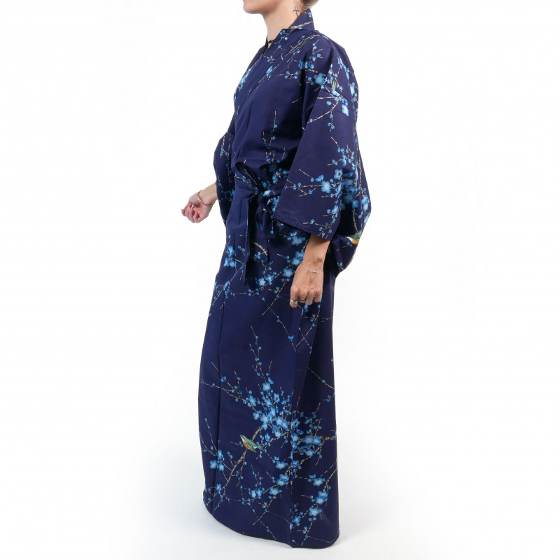 Japanese traditional blue cotton yukata kimono with bird and plum flowers for women