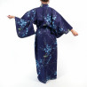 Japanischer traditioneller blauer Yukata-Kimono aus Baumwolle mit Vogel- und Pflaumenblüten für Frauen