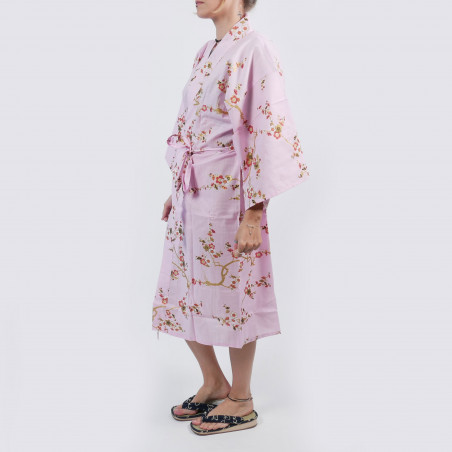 Japanese traditional happi kimono pink cotton golden plum flowers for women