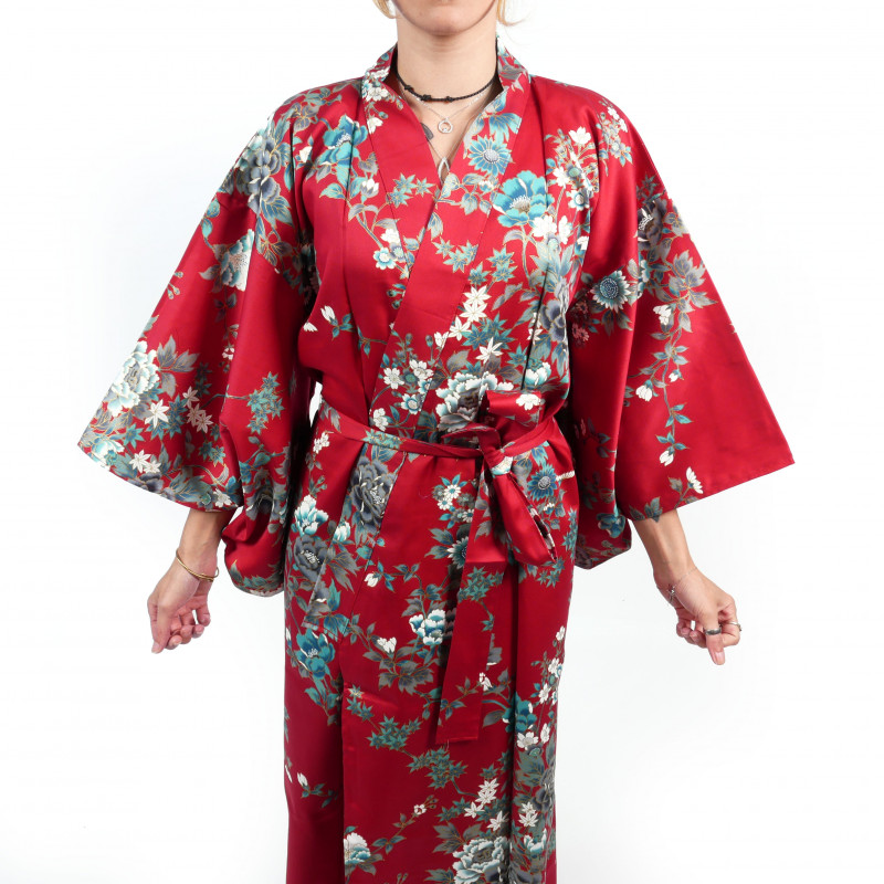 Japanese traditional red kimono for women with peony and cherry blossom