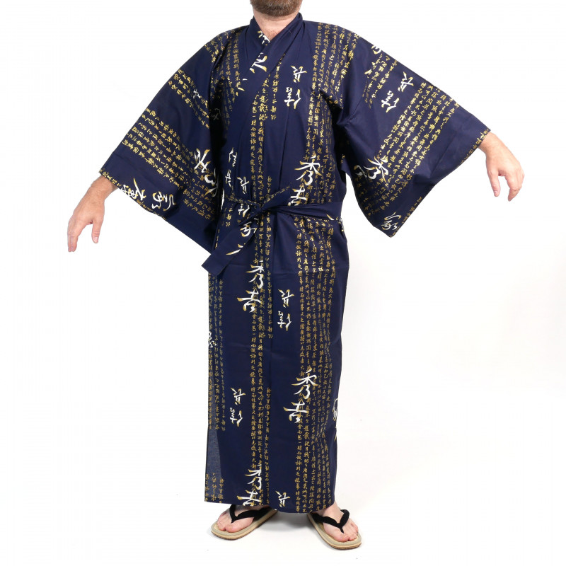 Japanischer traditioneller blauer Yukata-Kimono aus Baumwolle, General Hideyoshi Kanji für Männer