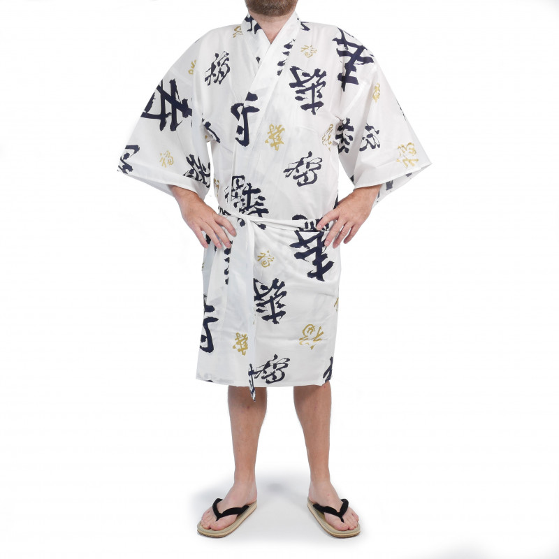 Kimono tradizionale giapponese happi in cotone bianco longevità kanji per uomo