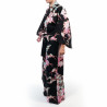 Japanese traditional black kimono in satin cotton with peony and chrysanthemum pattern for women, KIMONO BOTAN TO KIKU