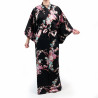 Japanischer traditioneller schwarzer Kimono aus Baumwollsatin mit Pfingstrosen- und Chrysanthemenmuster für Damen, KIMONO BOTAN 