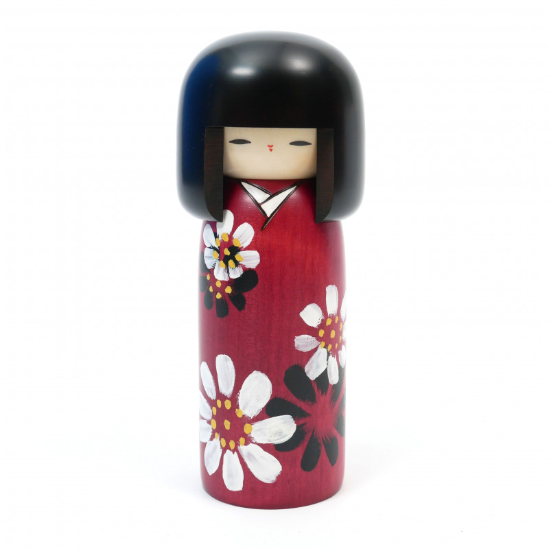 Poupée japonaise kokeshi bordeau motif fleuri, HANA GURUMA, 19cm