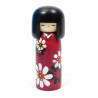 Bambola giapponese kokeshi con motivo floreale bordeaux, HANA GURUMA