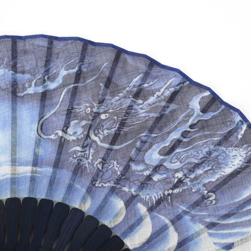 Éventail japonais bleu en coton et bambou motif dragon traditionnel, RYU, 22cm