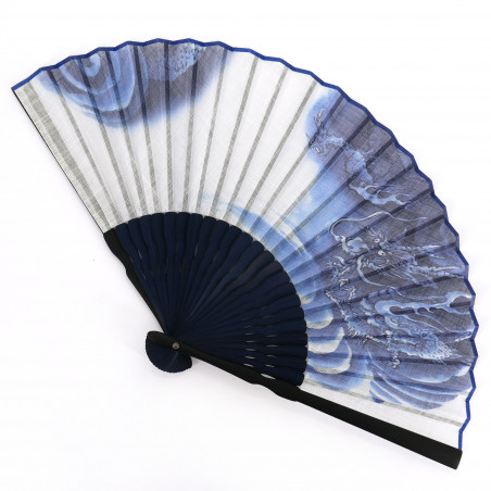 Japanese blue cotton and bamboo fan with dragon motif, RYU, 22cm