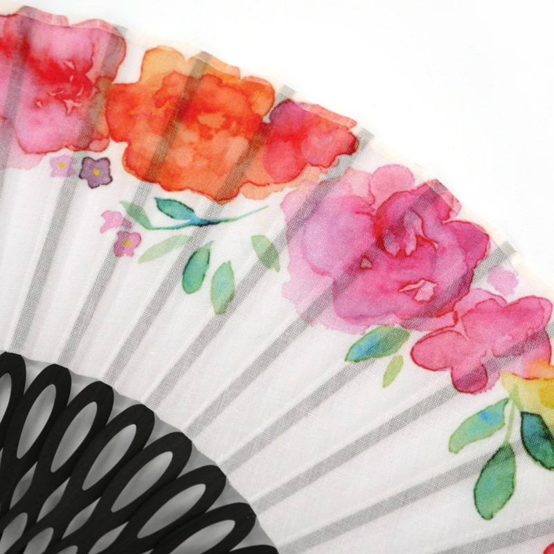 Pink Japanese fan in polyester cotton and bamboo with floral pattern, HANA, 19.5cm