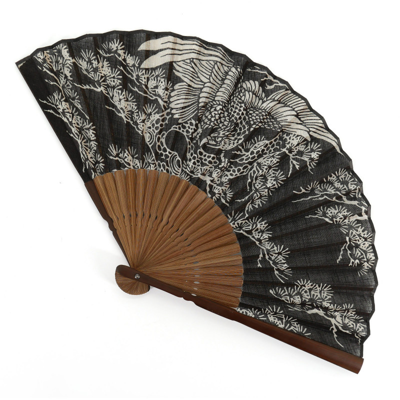 Éventail japonais noir en coton et bambou motif bambous et tigre, MATSU TAKA, 22cm