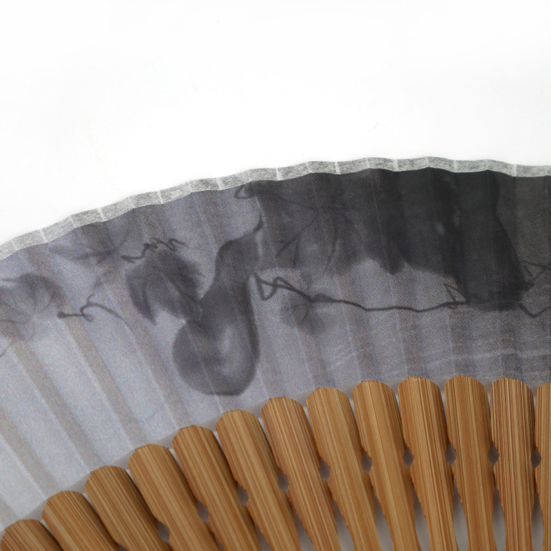Éventail japonais noir en polyester et bambou motif gourdes, HYOTAN, 22cm