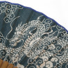 Éventail japonais bleu en coton et bambou motif nuages et dragon, KUMO RYU, 22cm