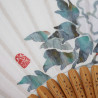 Japanese blue fan in polyester cotton and bamboo with peony flower pattern, BOTAN, 20.5cm