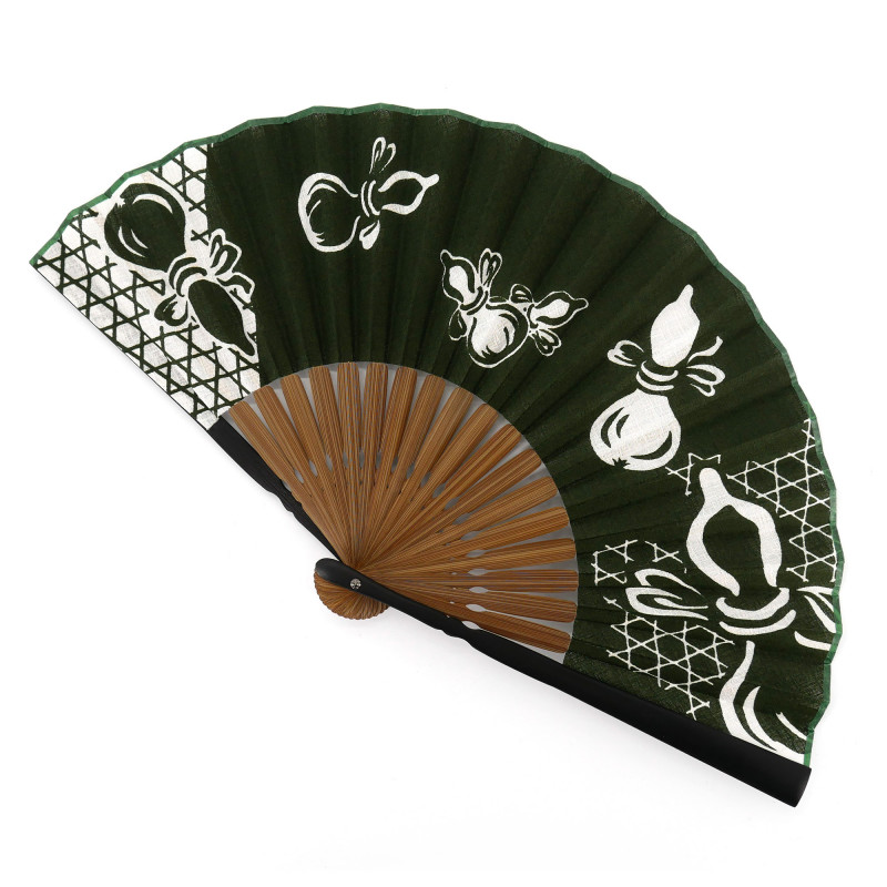 Éventail japonais vert en coton et bambou motif gourde, HYOTAN, 21cm