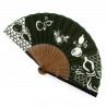 Éventail japonais vert en coton et bambou motif gourde, HYOTAN, 21cm