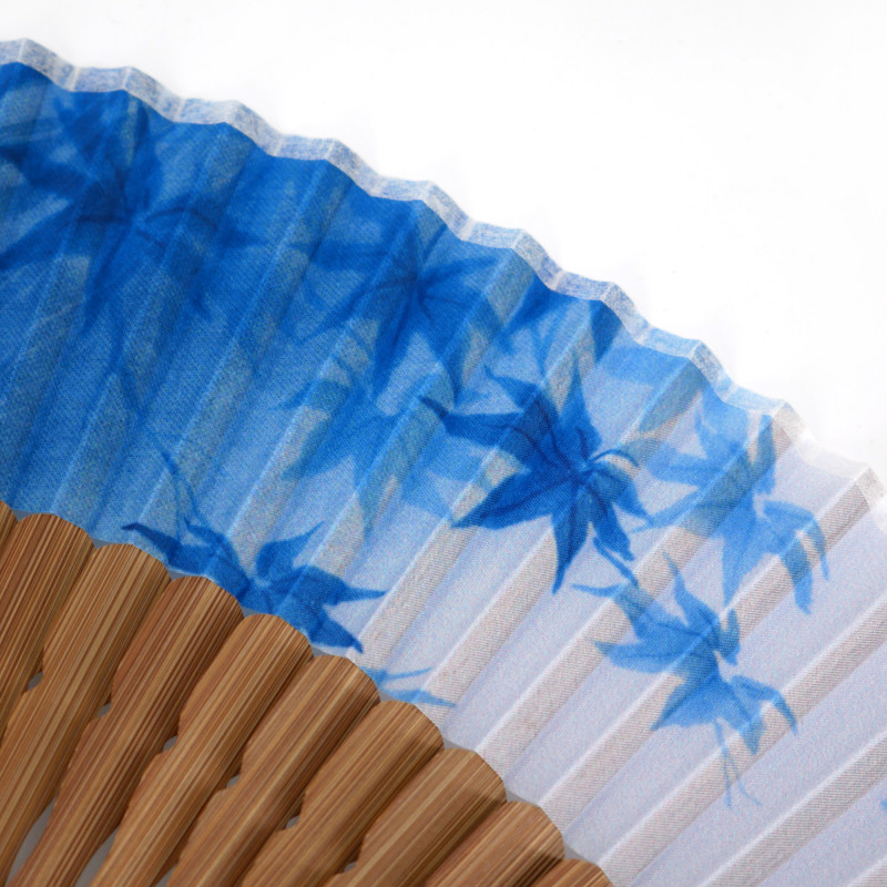 Japanese blue fan in polyester and bamboo with maple leaf pattern, KAEDE, 22cm