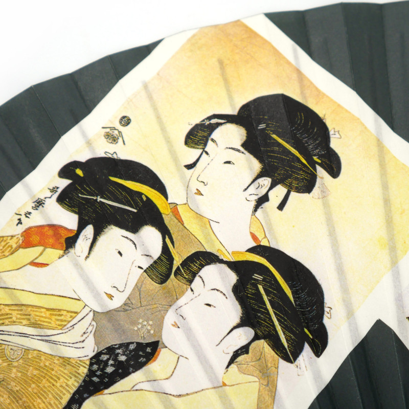 Grauer japanischer Fächer aus Papier und Bambusmuster Japanische Drucke Ukiyo-e, UTAMARO, 22,5cm