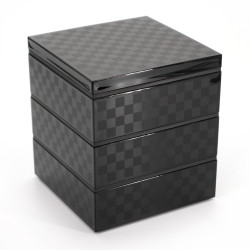 Japanese black jyubako lunch box with checkered pattern, ICHIMATSU, 15x15x17cm