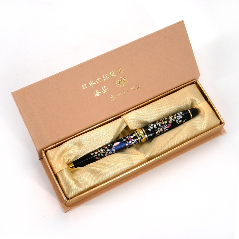 Stylo à bille japonais noir en résine dans un coffret motif mont fuji et fleurs de cerisier, SAKURAFUJI, 133mm