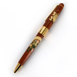 Japanese wooden ballpoint pen in box with god of wind and lightning motif, FUJIN RAIJIN, 145mm