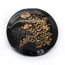 Japanese round black resin pocket mirror with golden flower pattern, KINAKIKUSA, 7cm