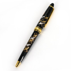 Japanese black resin ballpoint pen in a Japanese moon and cranes pattern box, TSUKI NI TSURU, 130mm