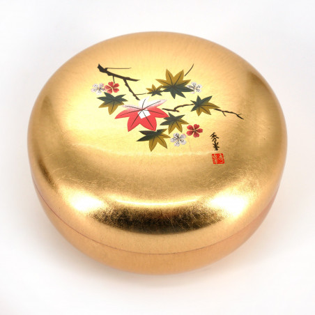 Japanese golden round resin storage box with cherry blossom and maple leaves pattern, HANAICHIMONME, 12cm