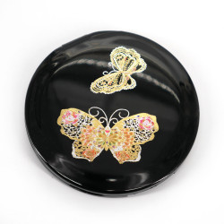 Japanese black round resin pocket mirror with butterfly motif, CHO, 7cm