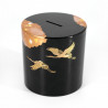 Boîte tirelire japonaise noire en résine motif grues japonaises, SHOKAKU, 9x9.2cm