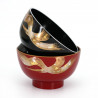 Duo de bol japonais noir et rouge en résine motif doré, FUGA, 12.5x7.5cm