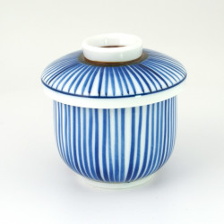 Ceramic chawanmushi tea bowl, white and blue lines, GYO