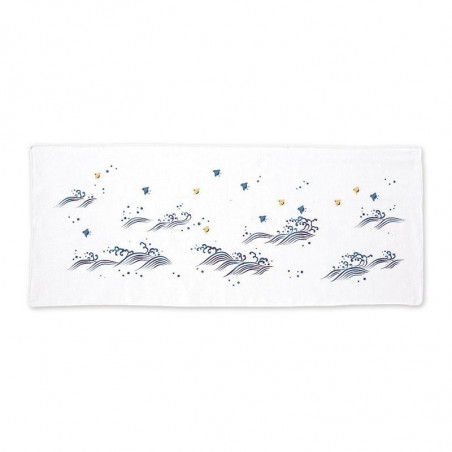 Small Japanese cotton towel with blue plover pattern, NAMICHIDORI, 34 x 88 cm