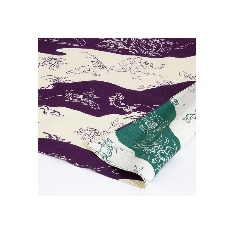 Furoshiki japonais reversible en coton violet et vert motif singe et lapin, CHOJU JINBUTSU GIGA, 48 x 48 cm