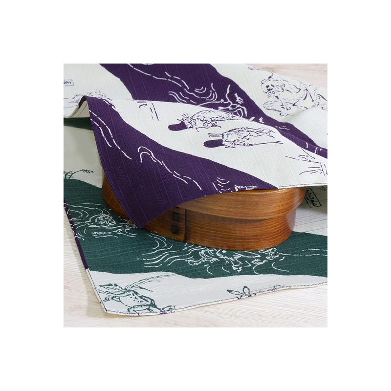 Furoshiki japonés reversible de algodón morado y verde con estampado de monos y conejos, CHOJU JINBUTSU GIGA, 48 x 48 cm