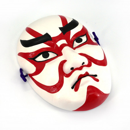 Piccola maschera noh che rappresenta un trucco tradizionale in ceramica bianca e rossa, KUMADORI, 9,7 cm