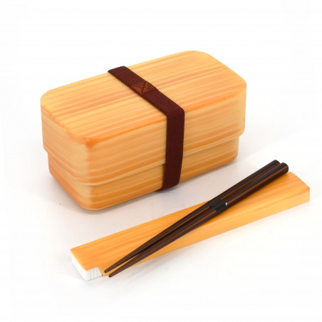 Brown rectangular Japanese bento lunch box with light wood pattern and its matching pair of chopsticks, WAPPA, 15.4cm